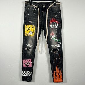 🔥 THRT Designer Black Graphic Paint Splatter Skinny Distressed Y2K Denim Jeans